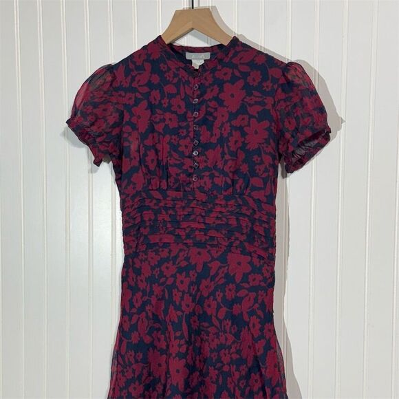 VTG dELiA*s Floral Midi Dress 90s Y2K Puff Sleeve Flare Navy Red S Ruched Waist - Picture 3 of 9